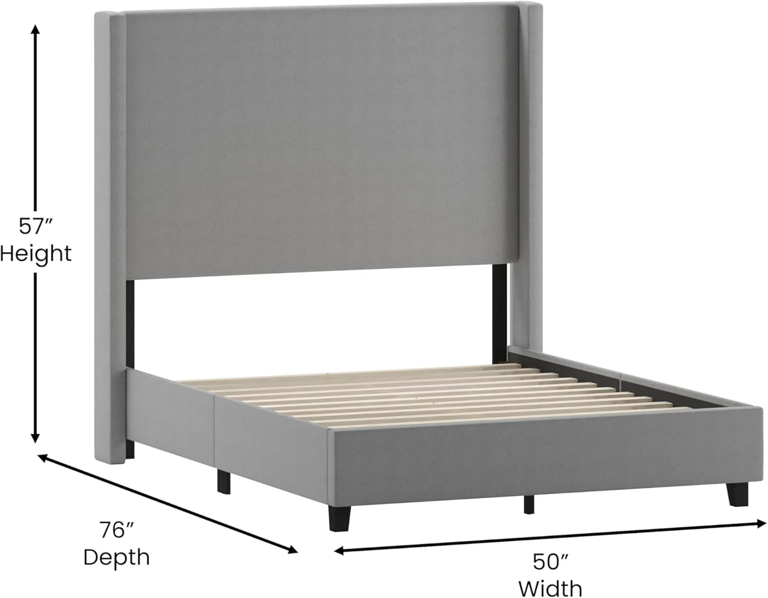 Merrick Lane Bramlett Modern Platform Bed - Gray Faux Linen - Full - Padded Wingback Headboard - 3" Floor Clearance - Wood Support Slats - No Box Spring Needed