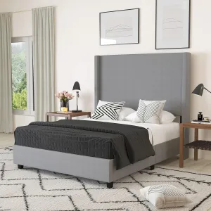 Merrick Lane Bramlett Modern Platform Bed - Gray Faux Linen - Full - Padded Wingback Headboard - 3" Floor Clearance - Wood Support Slats - No Box Spring Needed