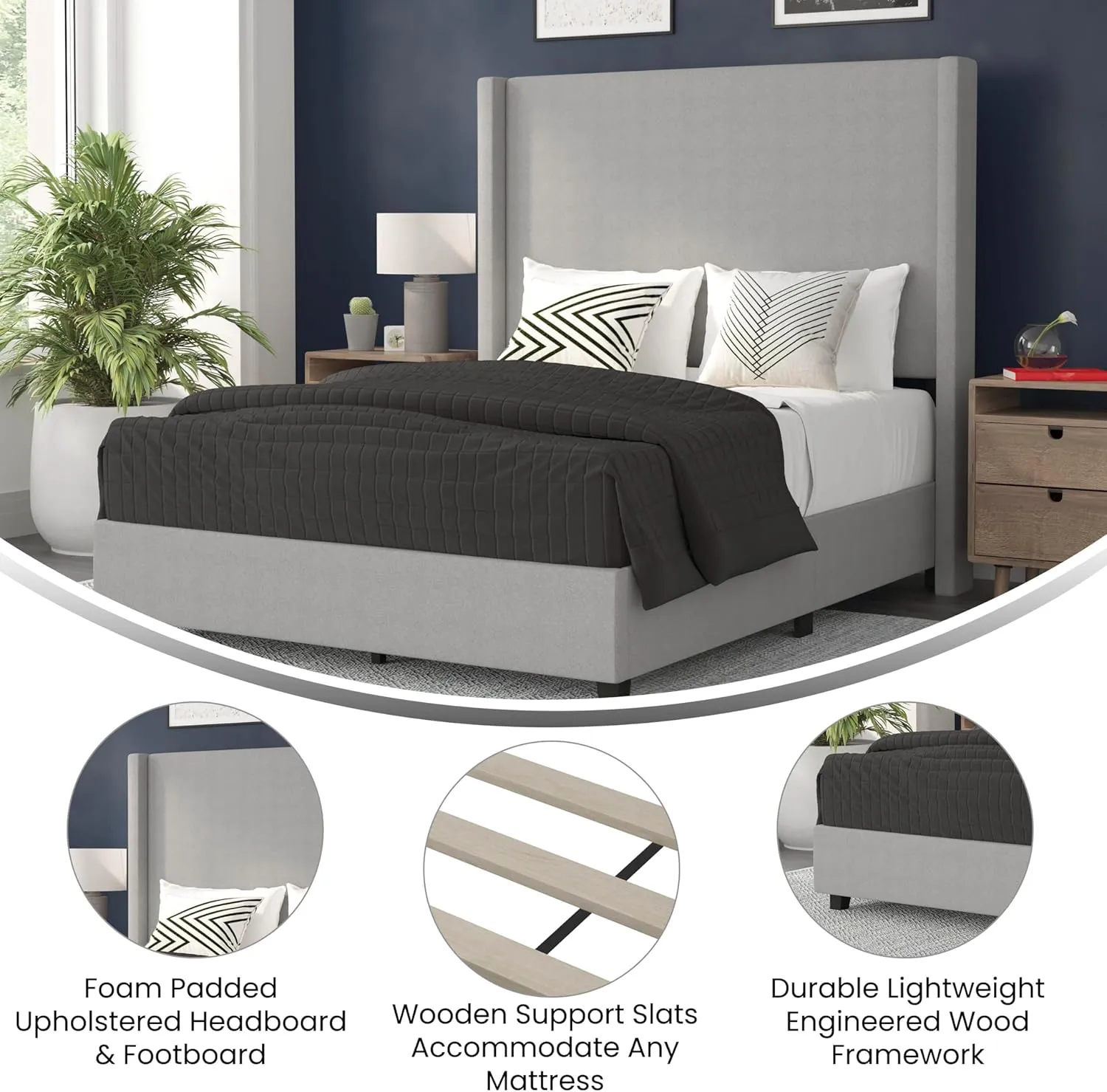 Merrick Lane Bramlett Modern Platform Bed - Gray Faux Linen - Full - Padded Wingback Headboard - 3" Floor Clearance - Wood Support Slats - No Box Spring Needed