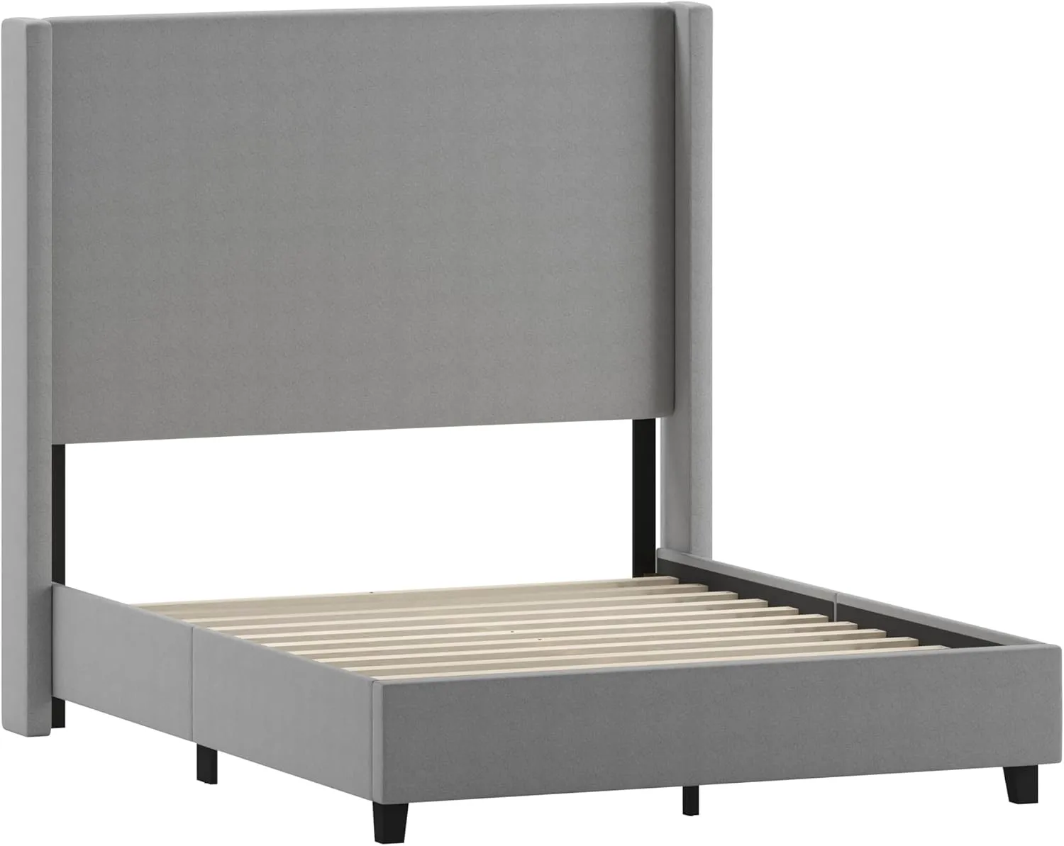 Merrick Lane Bramlett Modern Platform Bed - Gray Faux Linen - Full - Padded Wingback Headboard - 3" Floor Clearance - Wood Support Slats - No Box Spring Needed