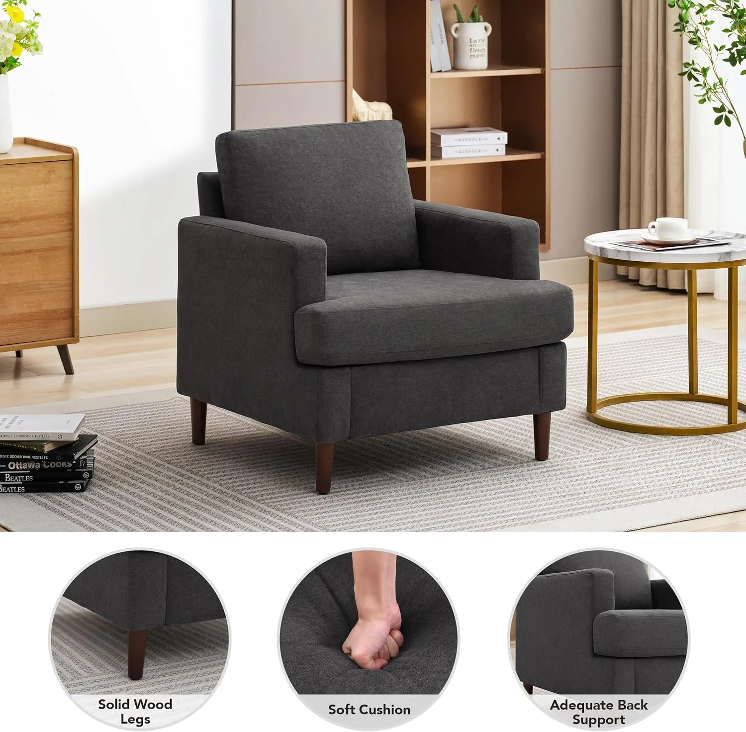 Mid-Century Accent Chair,Modern Linen Fabric Armchair for Living Room,Comfy Upholstered Reading Accent Chairs for Bedroom,Single Sofa Chair with Wood Legs (Dark Grey, 1 Pack)
