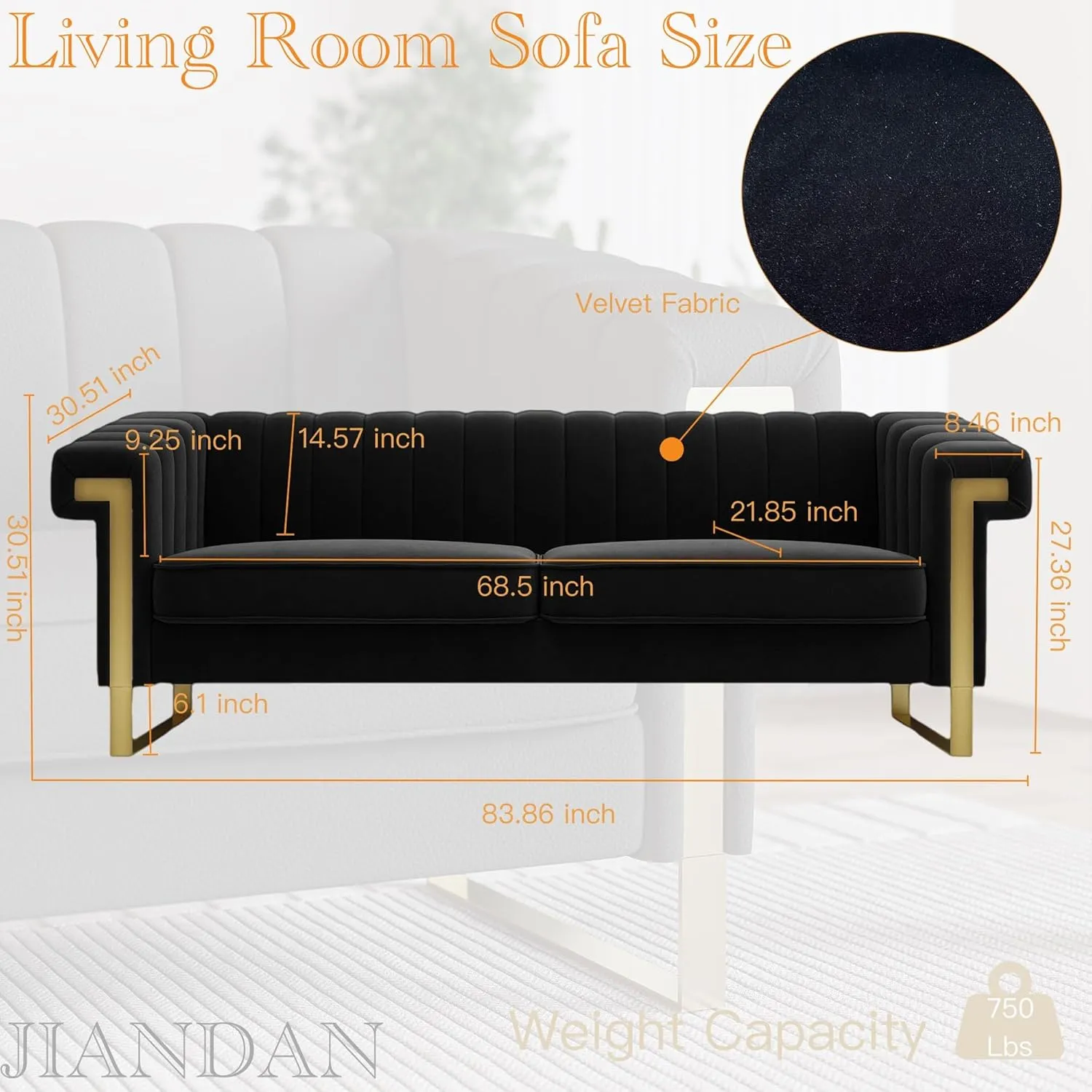 Mid-Century Modern Black Velvet Sofa with Gold Metal Legs, 83.86" Luxury Chesterfield Comfy Couches for Living Room (Velvet, Black)
