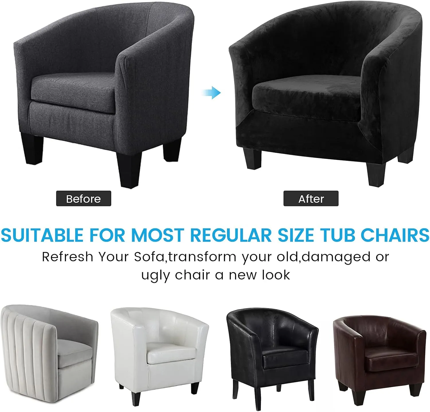 MIFXIN 2 Pieces Velvet Tub Chair Covers with Cushion Cover Stretch Soft Removable Tub Chair Slipcovers Armchair Sofa Couch Furniture Protector for Living Room Club Bar Counter (Black)
