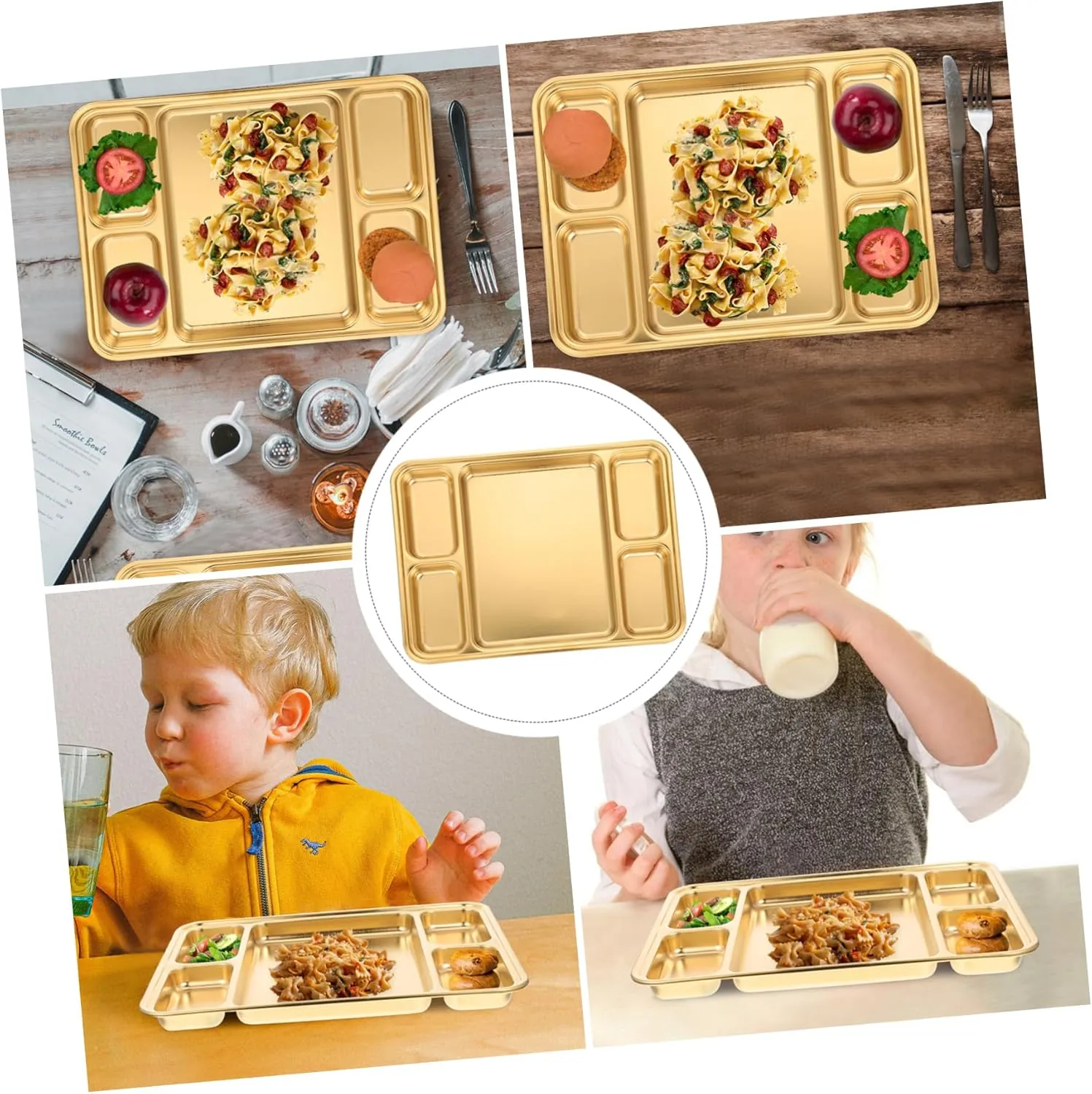 Mikinona 1pc Stainless Steel Divided Plate Food Container Portion Serving Plate Easy Clean Home Restaurant