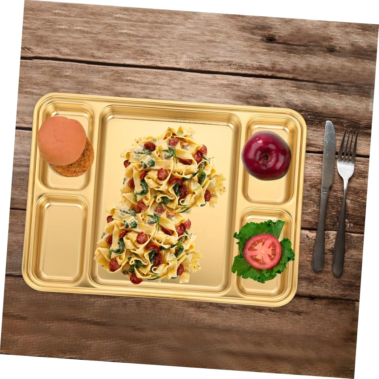Mikinona 1pc Stainless Steel Divided Plate Food Container Portion Serving Plate Easy Clean Home Restaurant
