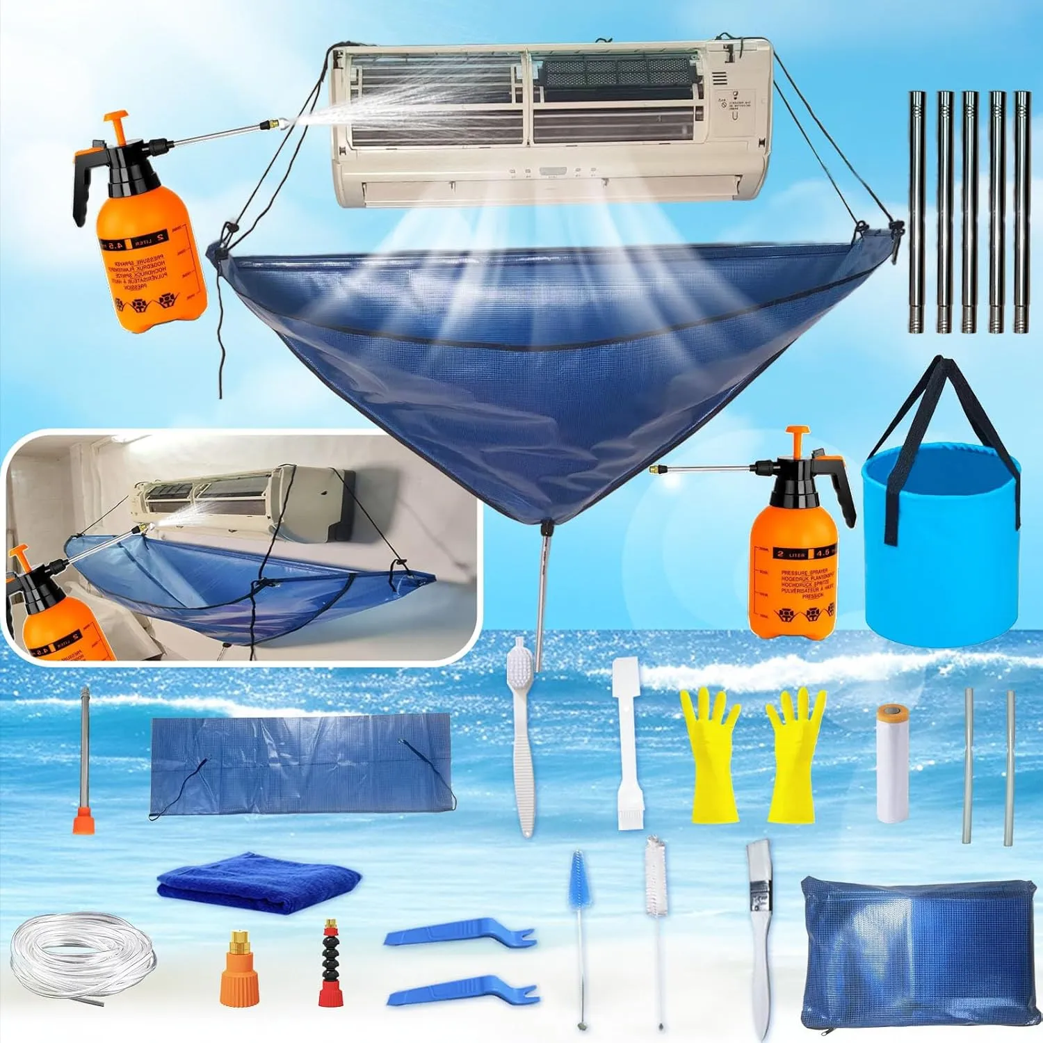 Mini Split Cleaning System with Stand,27PCS Mini Split Cleaning Bag Kit,Mini Split Cleaner(Blue,Large Size)