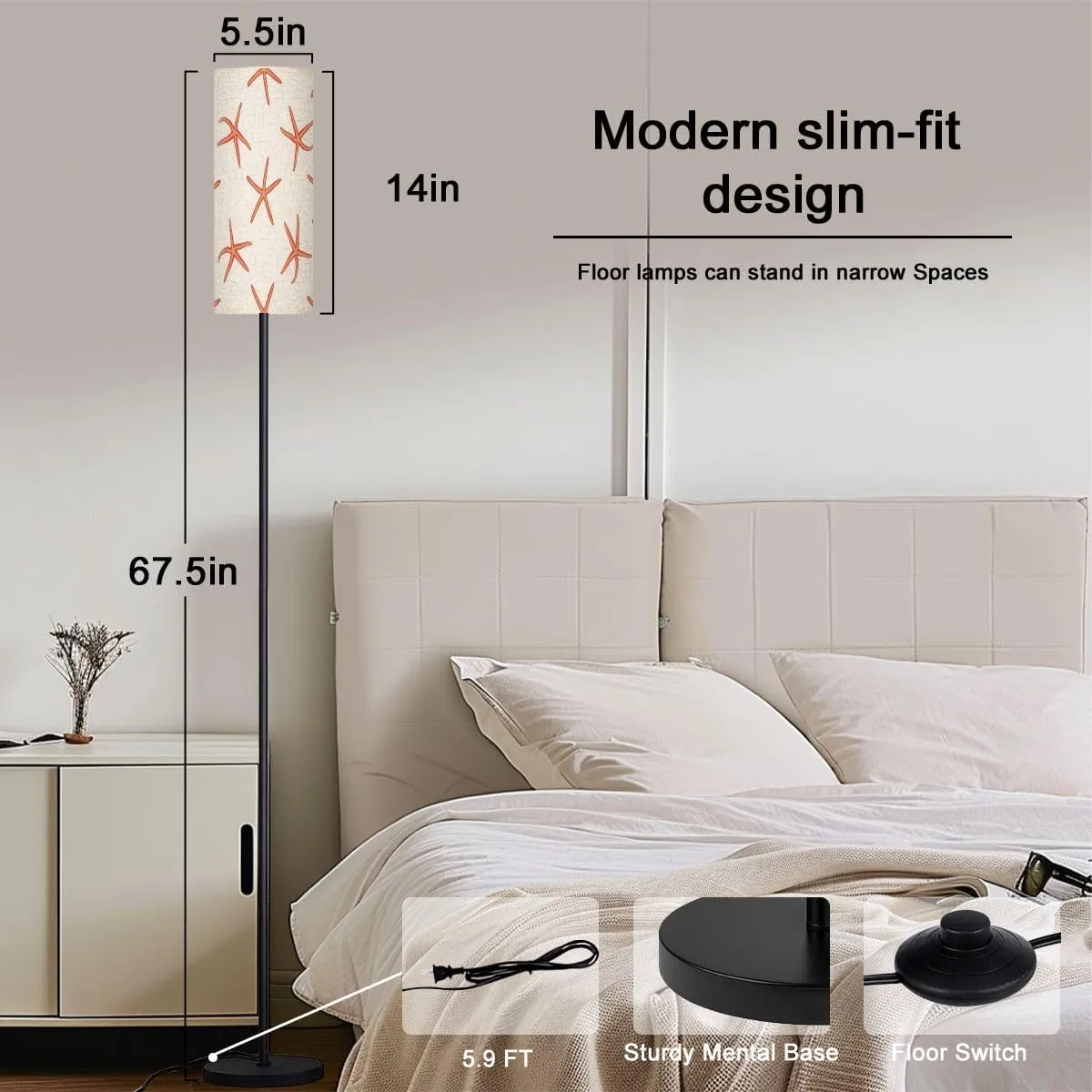 Minimalistic sea summer seamless pattern dancing red starfish seastar Modern Floor Lamp Minimalist Standing Lamps for Living Room LED Corner Lamp Remote Control Metal Pole Lamp for Bedroom, Reading