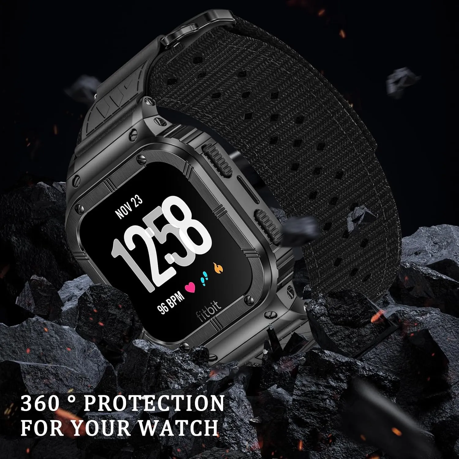 MioHHR Band Compatible with Fitbit Versa 4 3 2 1 /Fitbit Versa Lite/Fitbit Sense/Sense 2 Bands with Stainless Steel Case, Breathable Nylon Sport Adjustable Strap Replacement Rugged Wristband for Men