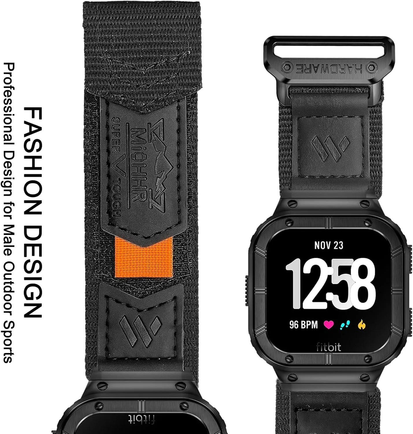 MioHHR Band Compatible with Fitbit Versa 4 3 2 1 /Fitbit Versa Lite/Fitbit Sense/Sense 2 Bands with Stainless Steel Case, Breathable Nylon Sport Adjustable Strap Replacement Rugged Wristband for Men