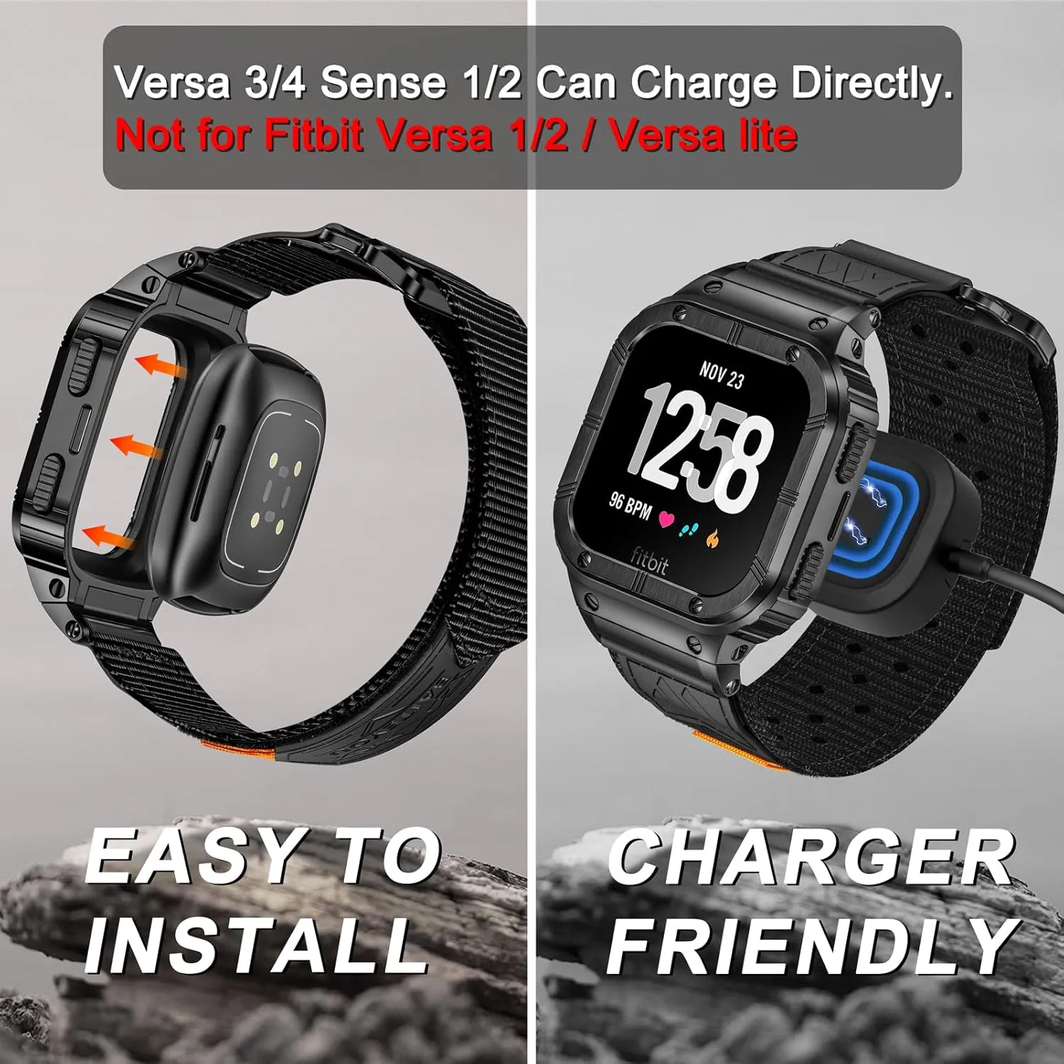 MioHHR Band Compatible with Fitbit Versa 4 3 2 1 /Fitbit Versa Lite/Fitbit Sense/Sense 2 Bands with Stainless Steel Case, Breathable Nylon Sport Adjustable Strap Replacement Rugged Wristband for Men