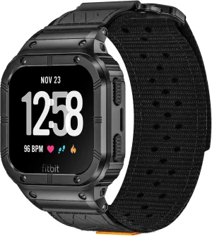 MioHHR Band Compatible with Fitbit Versa 4 3 2 1 /Fitbit Versa Lite/Fitbit Sense/Sense 2 Bands with Stainless Steel Case, Breathable Nylon Sport Adjustable Strap Replacement Rugged Wristband for Men