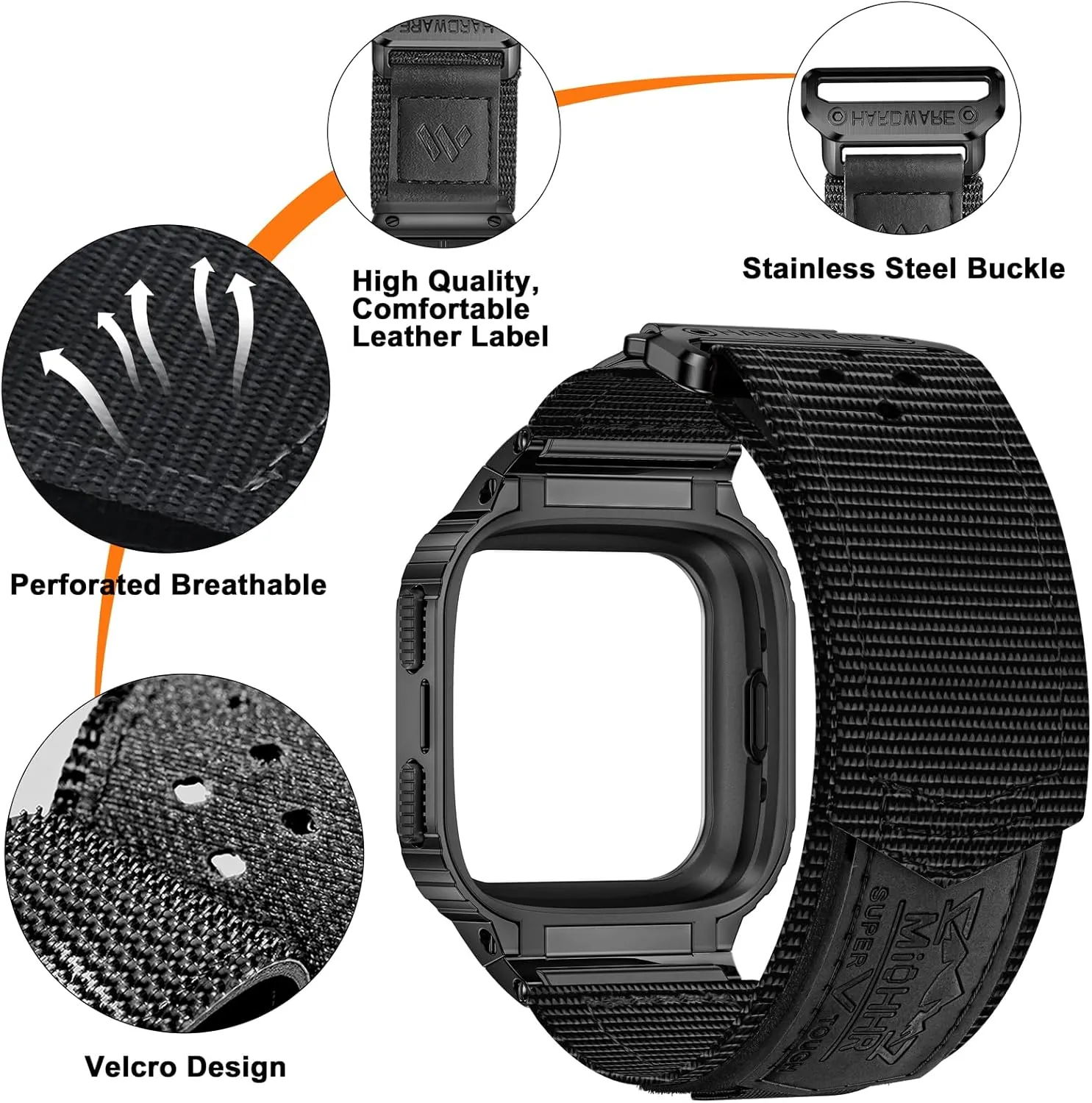 MioHHR Band Compatible with Fitbit Versa 4 3 2 1 /Fitbit Versa Lite/Fitbit Sense/Sense 2 Bands with Stainless Steel Case, Breathable Nylon Sport Adjustable Strap Replacement Rugged Wristband for Men