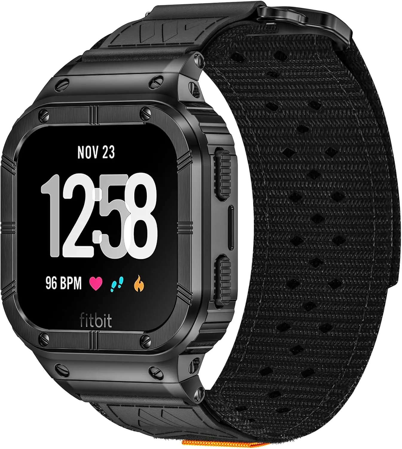 MioHHR Band Compatible with Fitbit Versa 4 3 2 1 /Fitbit Versa Lite/Fitbit Sense/Sense 2 Bands with Stainless Steel Case, Breathable Nylon Sport Adjustable Strap Replacement Rugged Wristband for Men