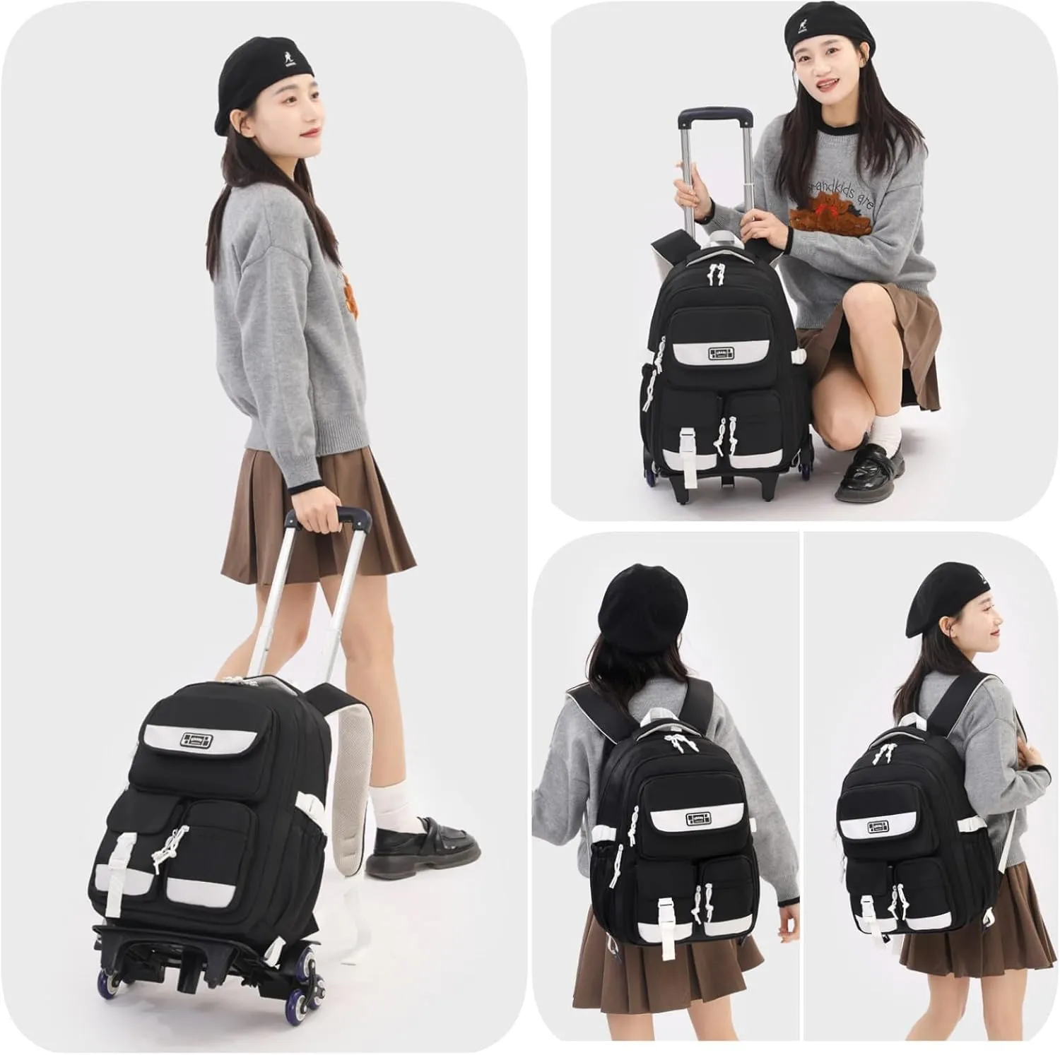 MITOWERMI Kids Rolling Backpack Carry On Luggage Solid-color Girls Backpack with Wheels Boys Trolley Bag Wheeled Backpack for School Black-6 wheels