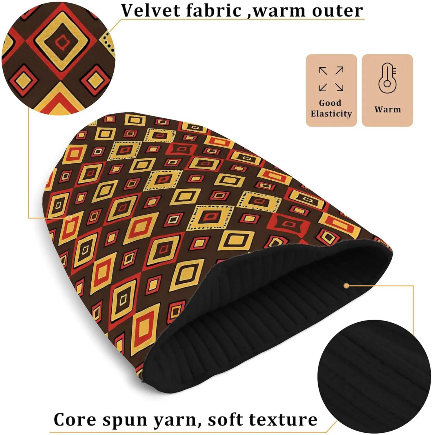 MNSRUU Black Beanie Hat Abstract Art Diamond Beanie Hat for Men Women Beanie Cap Roll-up Edge Skullcap