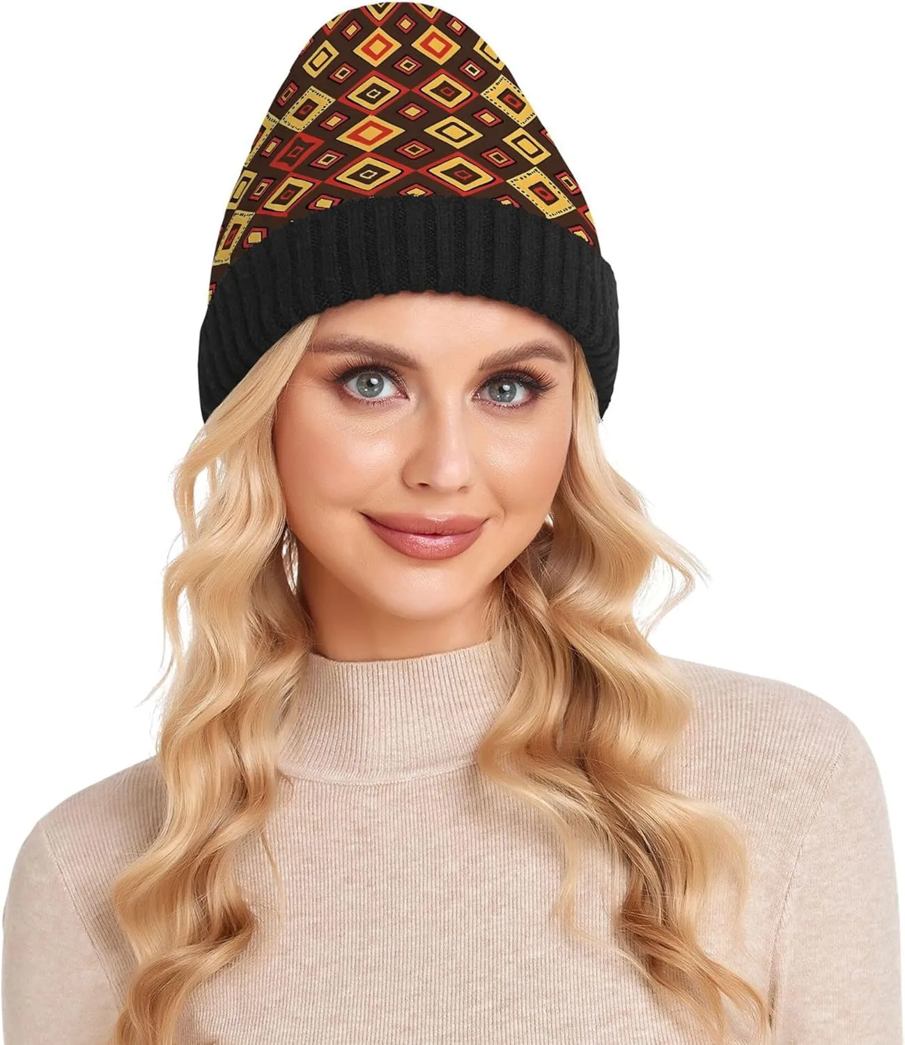 MNSRUU Black Beanie Hat Abstract Art Diamond Beanie Hat for Men Women Beanie Cap Roll-up Edge Skullcap
