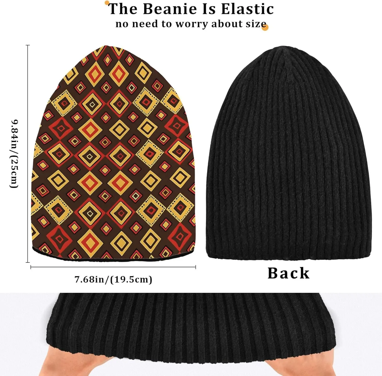 MNSRUU Black Beanie Hat Abstract Art Diamond Beanie Hat for Men Women Beanie Cap Roll-up Edge Skullcap