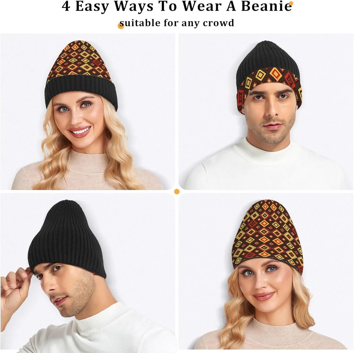 MNSRUU Black Beanie Hat Abstract Art Diamond Beanie Hat for Men Women Beanie Cap Roll-up Edge Skullcap