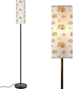 Modern Cute Cars Seamless Pattern Doodle Transportation Floor lamp Minimalist Standing Lamps Metal Pole Lamp Tall Lamps with Linen Shade Foot Switch for Living Room Bedroom