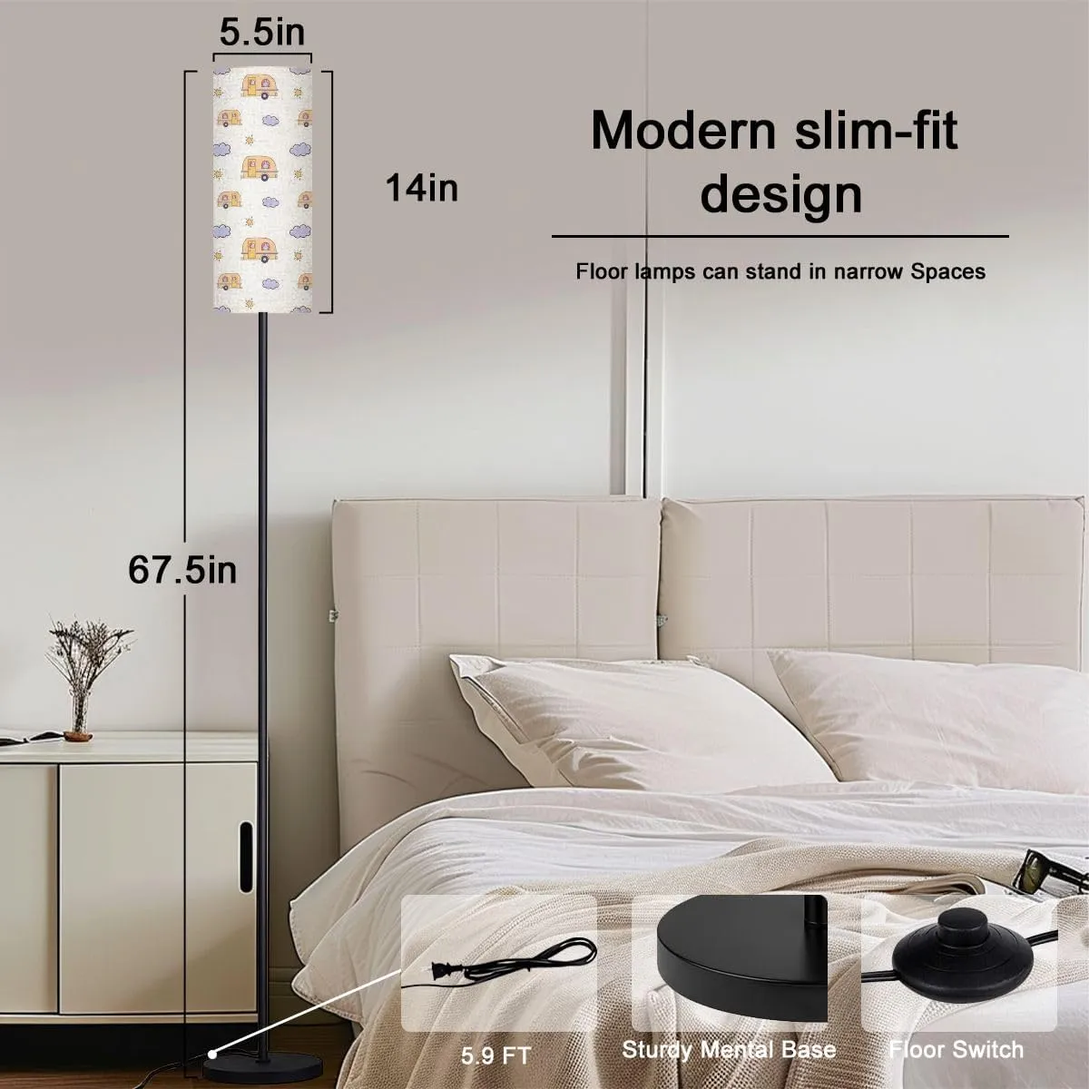 Modern Cute Cars Seamless Pattern Doodle Transportation Floor lamp Minimalist Standing Lamps Metal Pole Lamp Tall Lamps with Linen Shade Foot Switch for Living Room Bedroom