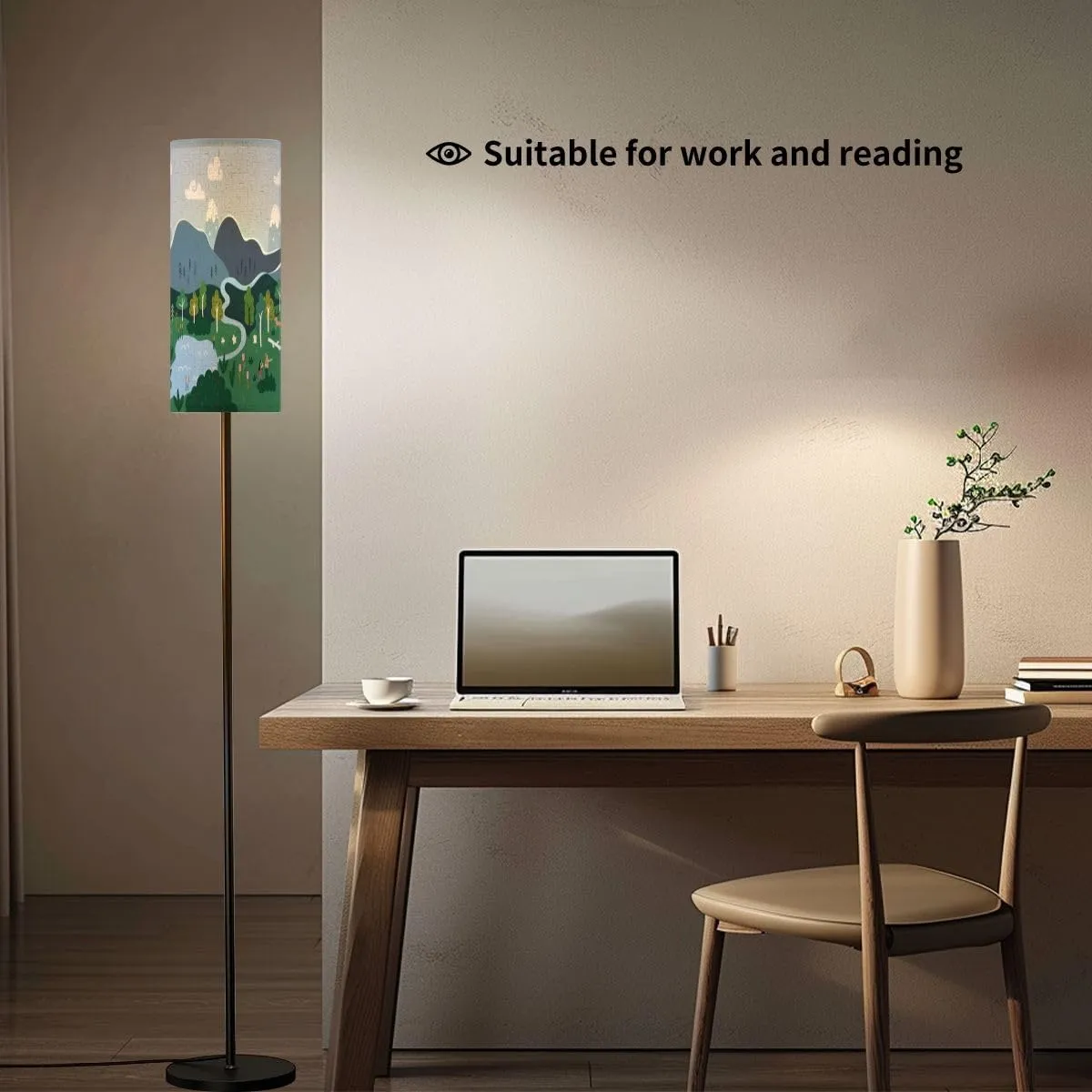Modern Cute Hand Drawn map Mountains Tents Trees Hills Simple Illustrated Floor lamp Minimalist Standing Lamps Metal Pole Lamp Tall Lamps with Linen Shade Foot Switch for Living Room Bedroom