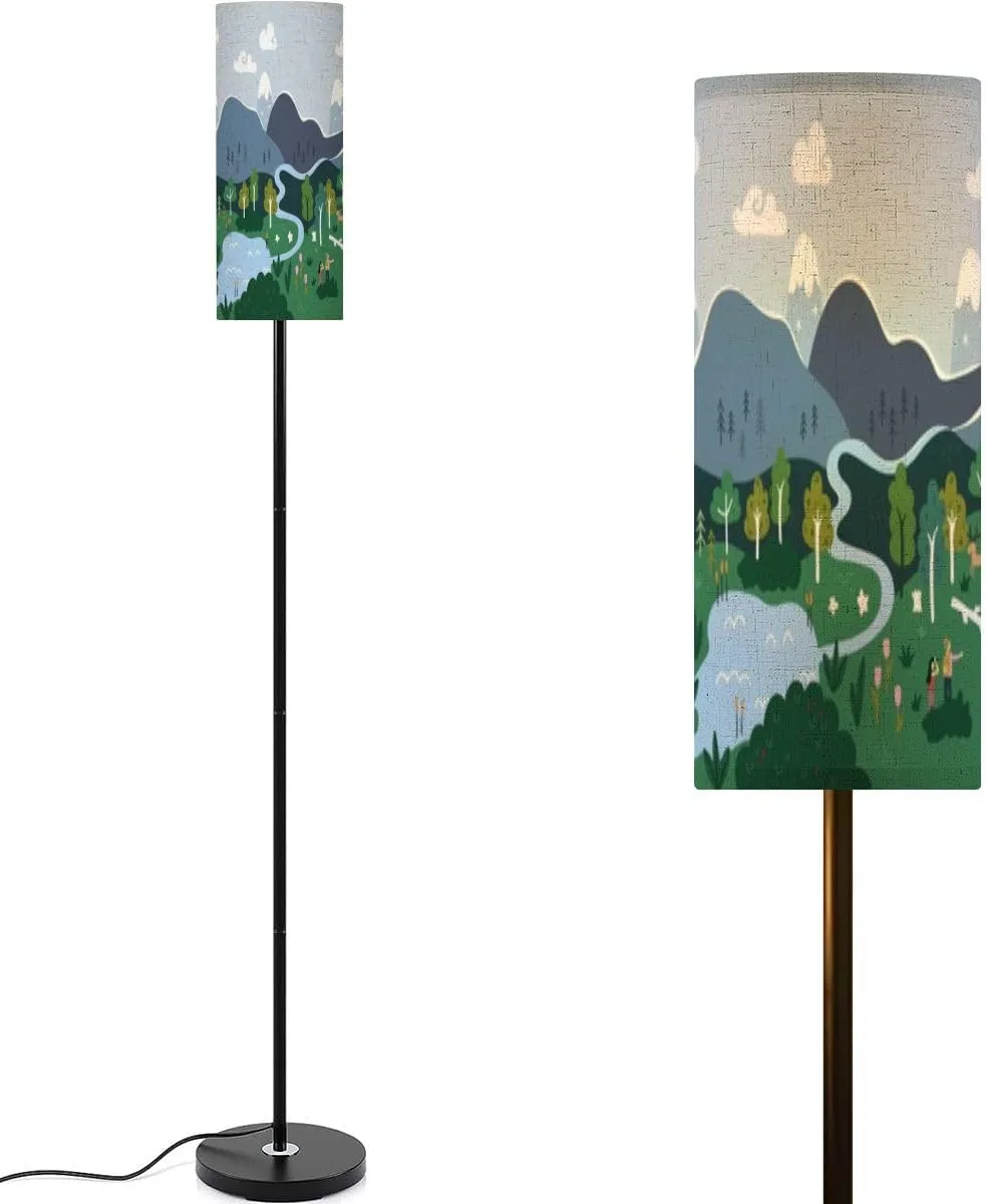 Modern Cute Hand Drawn map Mountains Tents Trees Hills Simple Illustrated Floor lamp Minimalist Standing Lamps Metal Pole Lamp Tall Lamps with Linen Shade Foot Switch for Living Room Bedroom