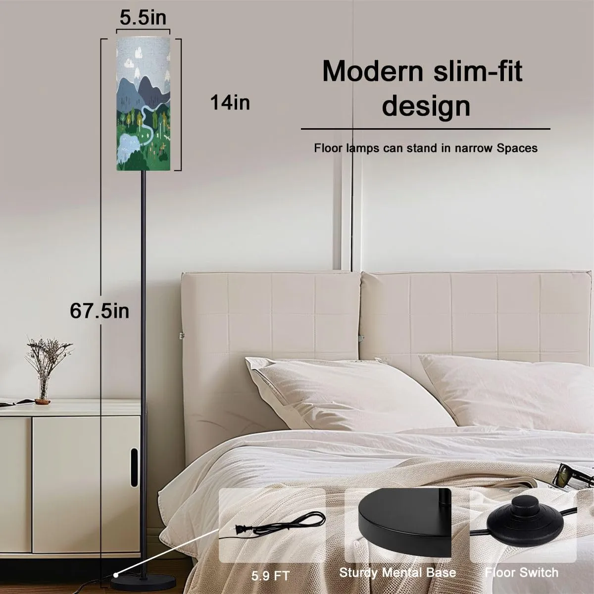 Modern Cute Hand Drawn map Mountains Tents Trees Hills Simple Illustrated Floor lamp Minimalist Standing Lamps Metal Pole Lamp Tall Lamps with Linen Shade Foot Switch for Living Room Bedroom