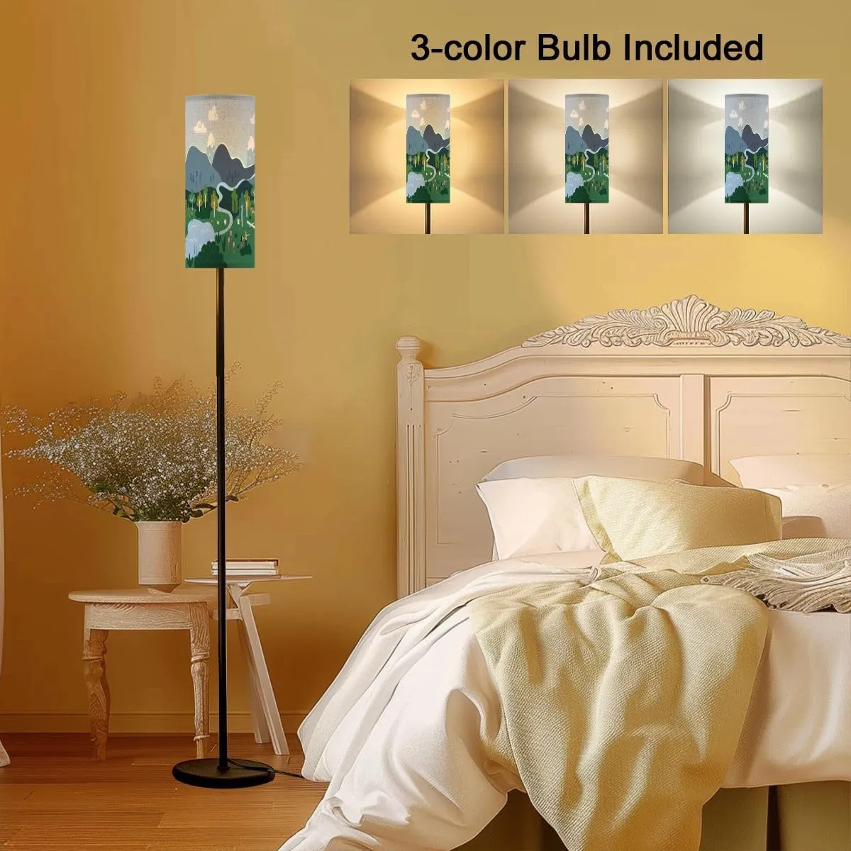 Modern Cute Hand Drawn map Mountains Tents Trees Hills Simple Illustrated Floor lamp Minimalist Standing Lamps Metal Pole Lamp Tall Lamps with Linen Shade Foot Switch for Living Room Bedroom