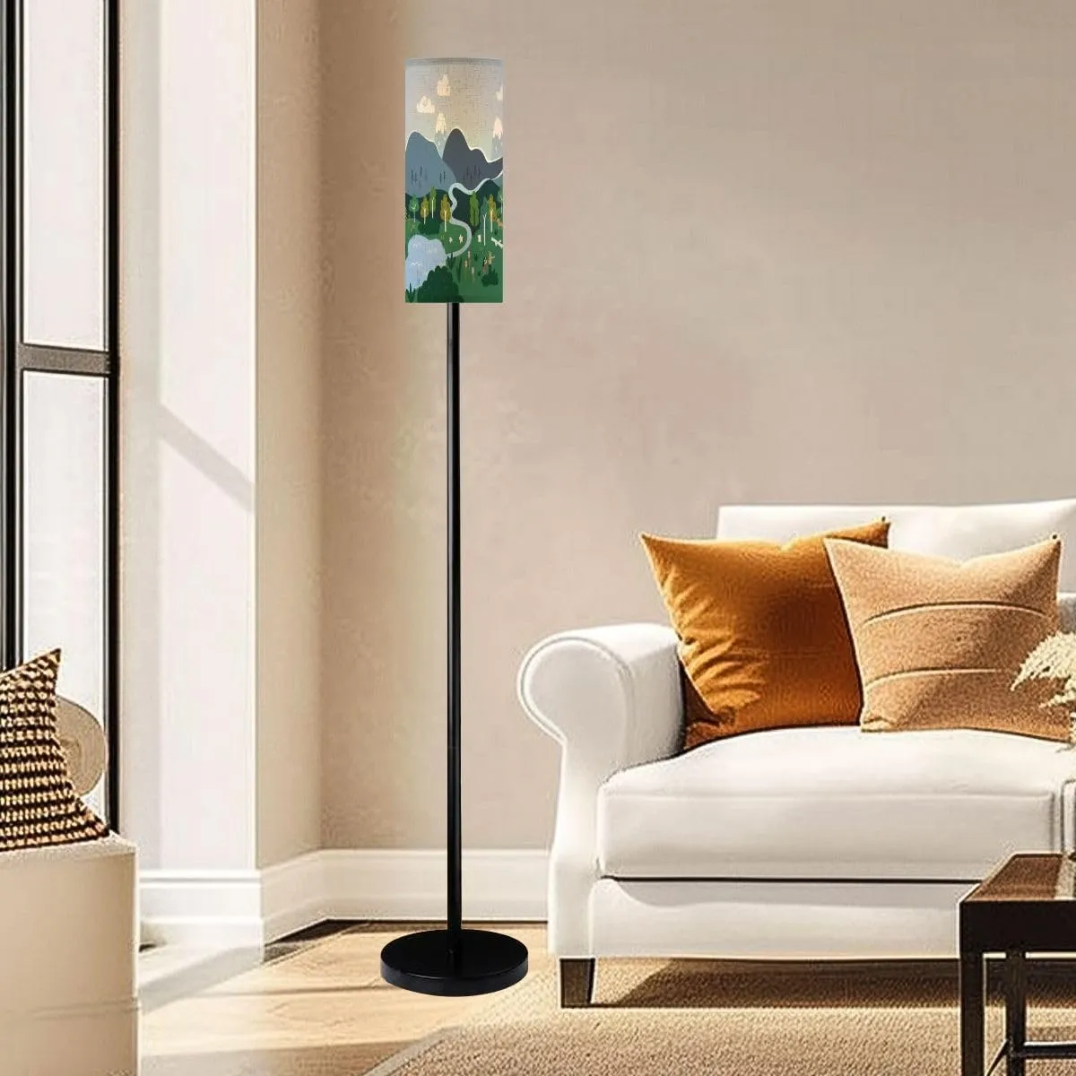 Modern Cute Hand Drawn map Mountains Tents Trees Hills Simple Illustrated Floor lamp Minimalist Standing Lamps Metal Pole Lamp Tall Lamps with Linen Shade Foot Switch for Living Room Bedroom