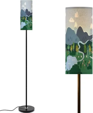 Modern Cute Hand Drawn map Mountains Tents Trees Hills Simple Illustrated Floor lamp Minimalist Standing Lamps Metal Pole Lamp Tall Lamps with Linen Shade Foot Switch for Living Room Bedroom