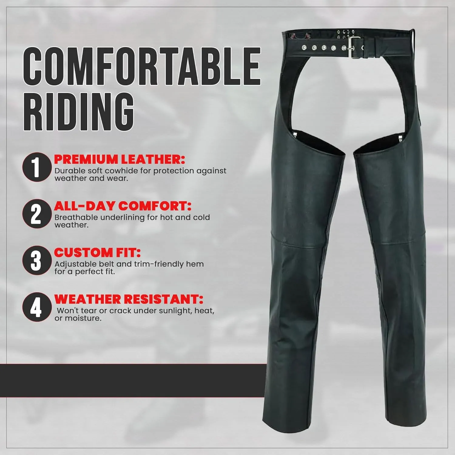 Motorcycle Leather Chaps for Men & Women - Biker Riding Cowboy Chaps with Multi Pockets & Customizable fit