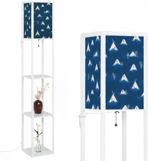 Mount wave Volcano sunset Pattern Blue pattern Print fabric mountain Floor Lamps with Shelves, Modern Standing Lamp Narrow Corner Display Bookshelf Lamp for Living Room, Bedroom, Office Decor