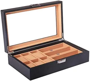 Multi-Function Storage Box for Watches Bracelets and Glasses Black Carbon Fiber Jewellery Display Box Transparent Cover Organizer Watches Collection Case Gift Box for Women and Men,Brown