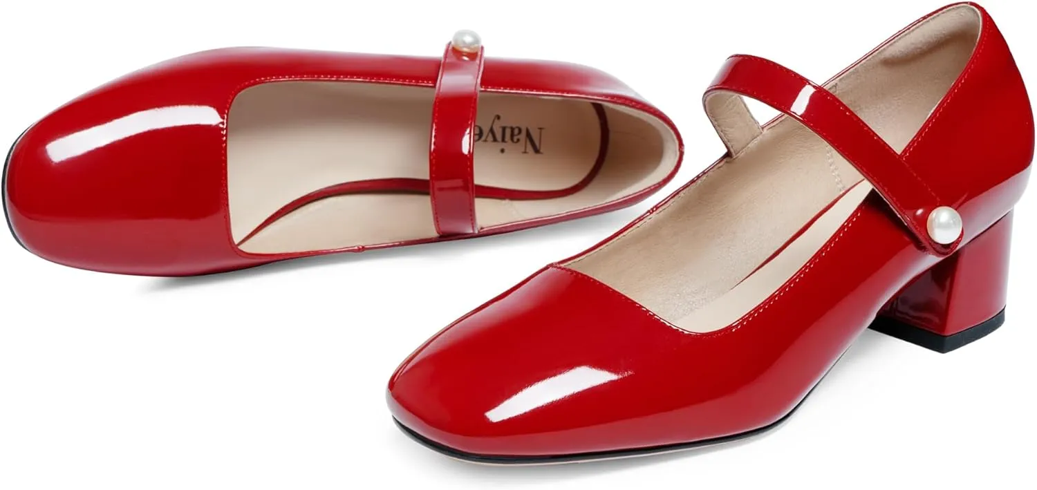 Naiyee Mary Jane Shoes Women Chunky Block Heel Dress Shoes for Women Low Heels Close Rounded Toe Pumps