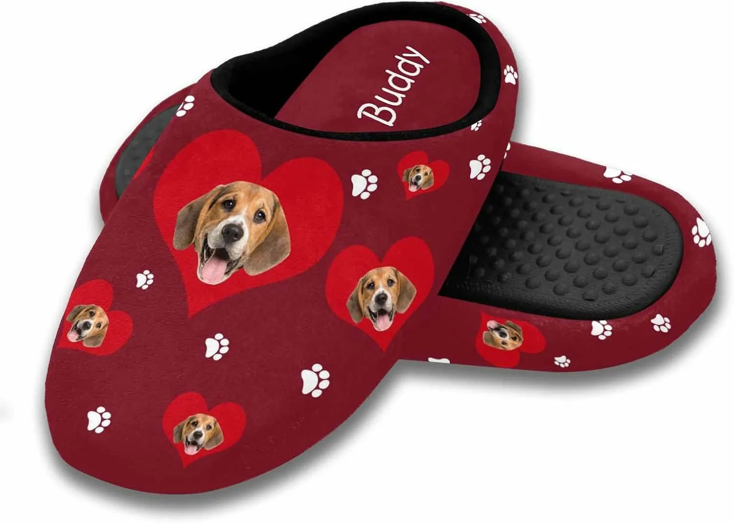 Name Men's Warm Cotton Slippers with Face Photo Personalized Dog Paws & Bones & Love Hearts Soft House Slippers with Anti Slip Sole for Son Husband Boys (XL)