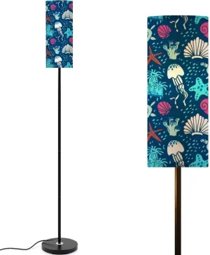 Nautical Pattern Shells Turtles starfishes Corals Seamless Modern Floor Lamp Minimalist Standing Lamps for Living Room LED Corner Lamp Remote Control Metal Pole Lamp for Bedroom, Reading