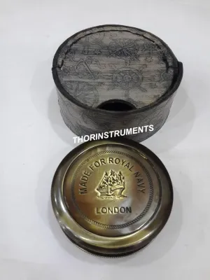Nautical Two Ton Royal Navy London Pocket Compass W/Black Leather Case Rustic Vintage Home Decor Gifts