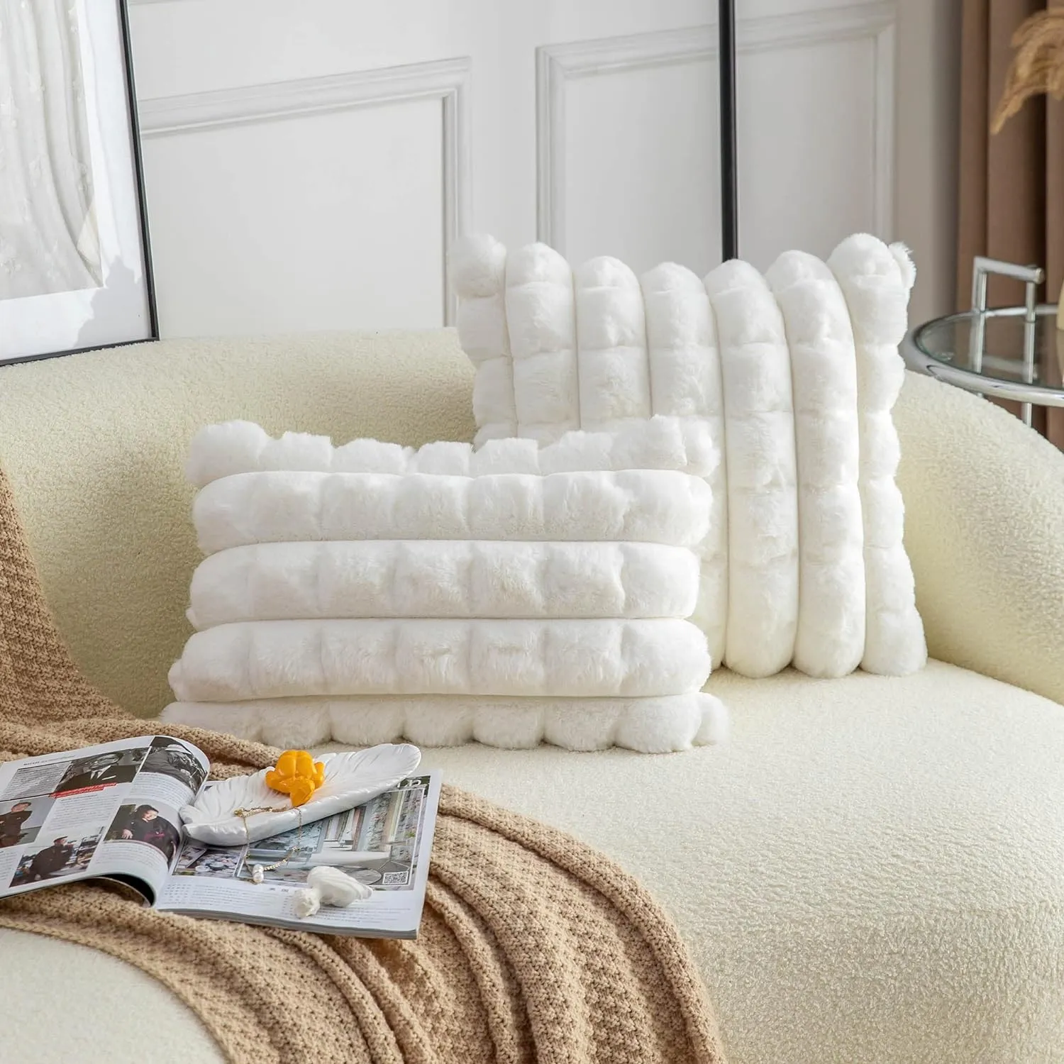 Neelvin Cream White Faux Fur Cozy Soft Plaid Decorative Throw Pillow Covers 18x18 inch Set of 2,Velvet Pillowcase Cushion Case for Sofa Couch