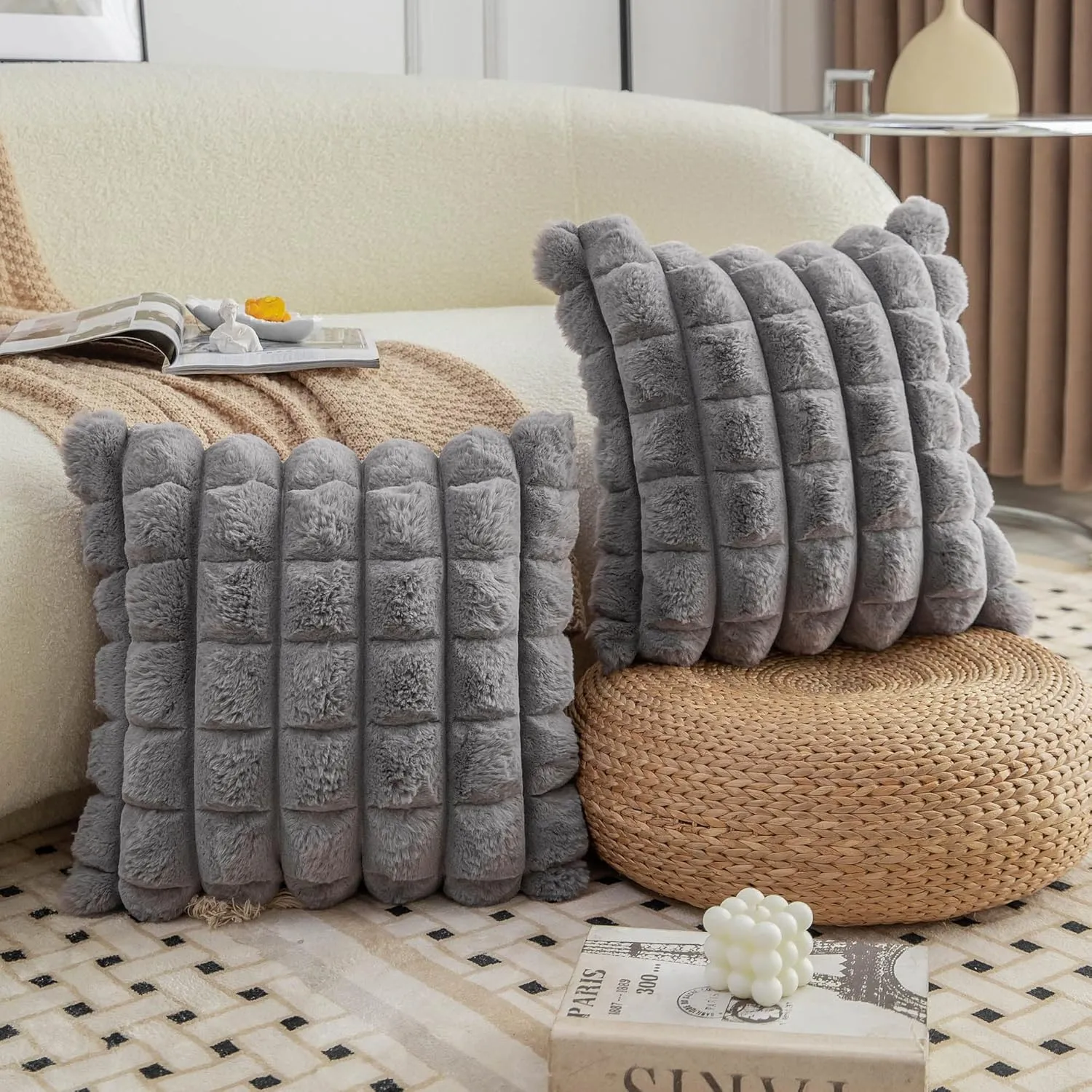 Neelvin Grey Faux Fur Cozy Soft Plaid Decorative Throw Pillow Covers 18x18 inch Set of 2,Velvet Pillowcase Cushion Case for Sofa Couch