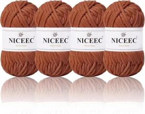 NICEEC 4 Skeins Soft Cotton-Nylon Blend Yarn for Crochet & Knitting - Easy-Use, Beginner Friendly, DIY Craft Yarn - Total Length 220yds (7.1oz) - Caramel