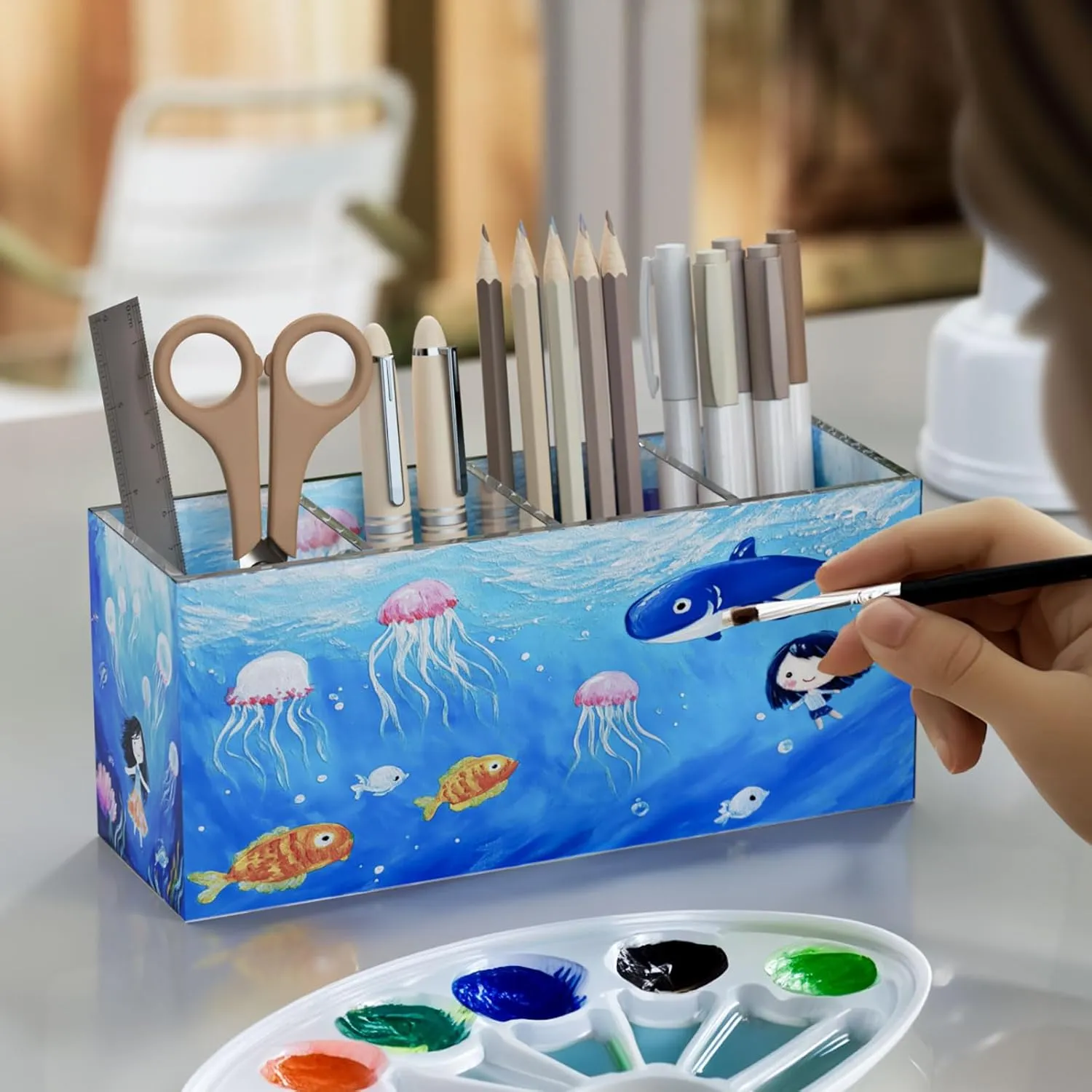 NIUBEE Acrylic Pen Holder 4 Compartments, Clear Pencil Organizer Cup for Countertop Desk Accessory Storage