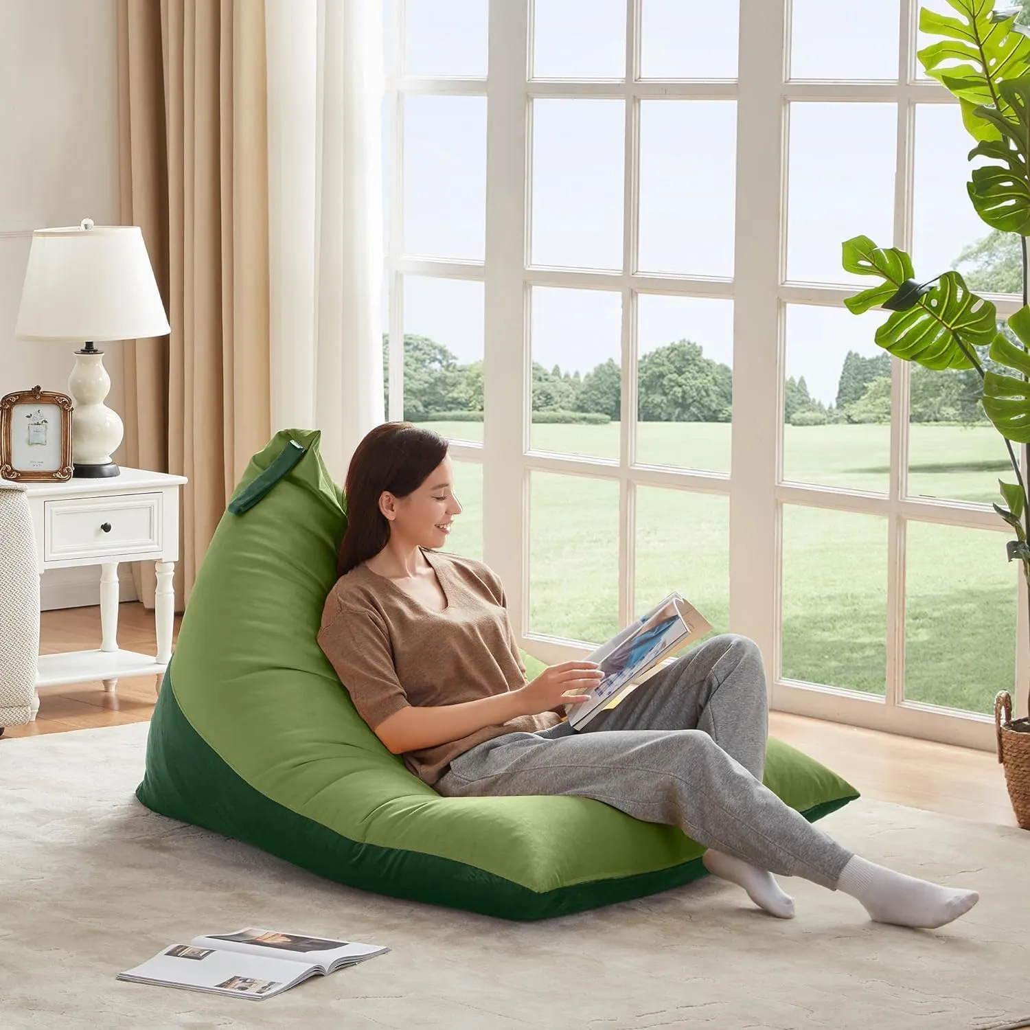 Nobildonna Bean Bag Chair Cover with Bean Bag Inner Liner (No Filler), 400L Extra Large Triangular Removable and Clean Beanbag Chair Cover Ultra Soft Lazy Sofa Premium Velvet Cover (Green)