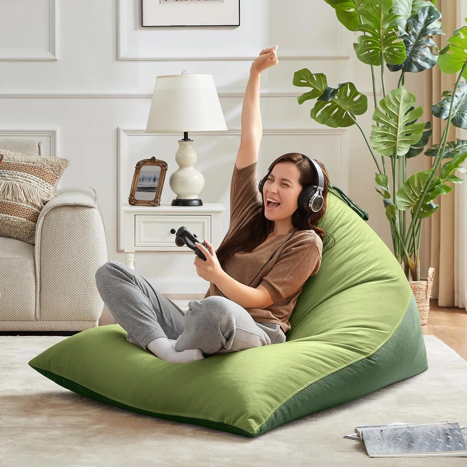 Nobildonna Bean Bag Chair Cover with Bean Bag Inner Liner (No Filler), 400L Extra Large Triangular Removable and Clean Beanbag Chair Cover Ultra Soft Lazy Sofa Premium Velvet Cover (Green)