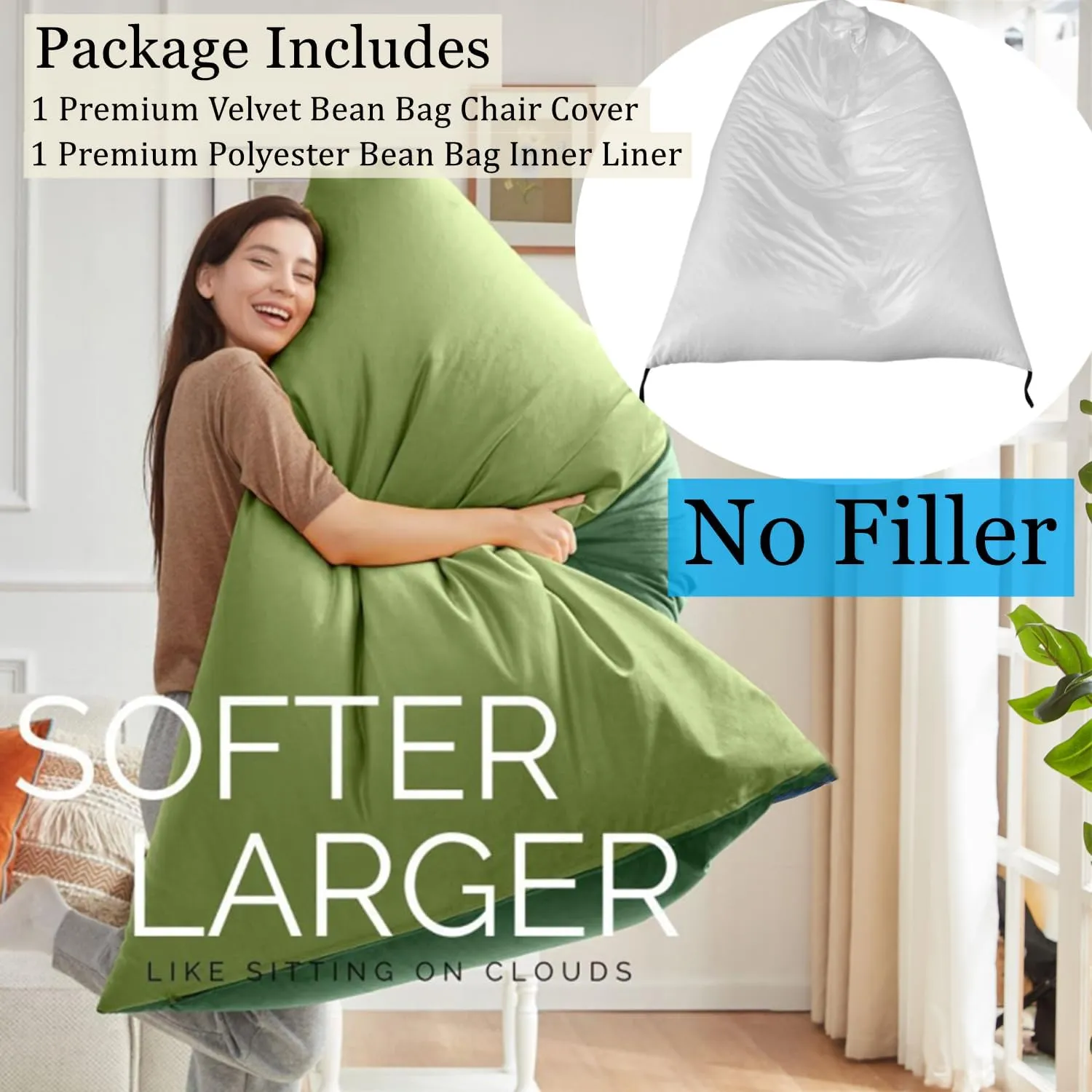Nobildonna Bean Bag Chair Cover with Bean Bag Inner Liner (No Filler), 400L Extra Large Triangular Removable and Clean Beanbag Chair Cover Ultra Soft Lazy Sofa Premium Velvet Cover (Green)