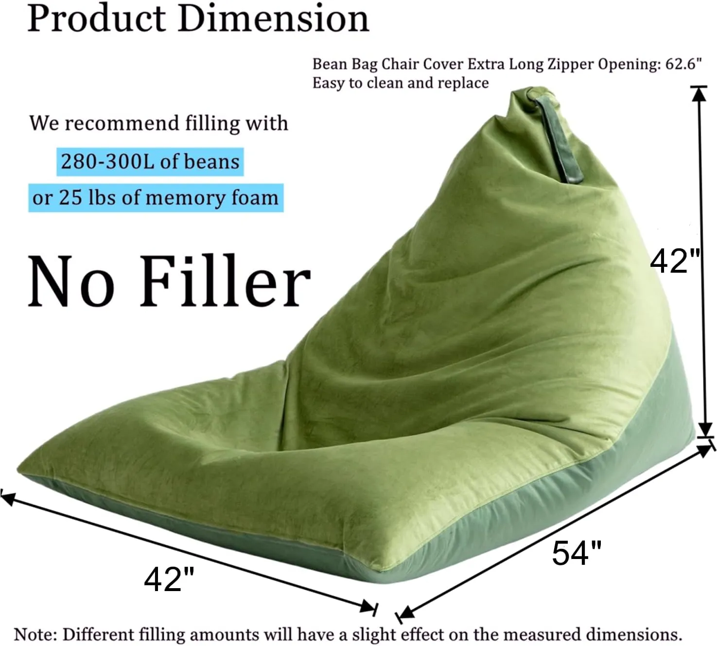 Nobildonna Bean Bag Chair Cover with Bean Bag Inner Liner (No Filler), 400L Extra Large Triangular Removable and Clean Beanbag Chair Cover Ultra Soft Lazy Sofa Premium Velvet Cover (Green)