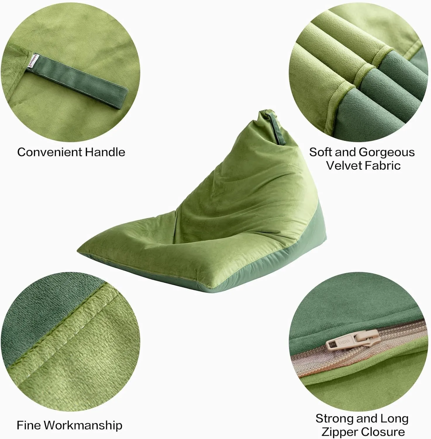 Nobildonna Bean Bag Chair Cover with Bean Bag Inner Liner (No Filler), 400L Extra Large Triangular Removable and Clean Beanbag Chair Cover Ultra Soft Lazy Sofa Premium Velvet Cover (Green)