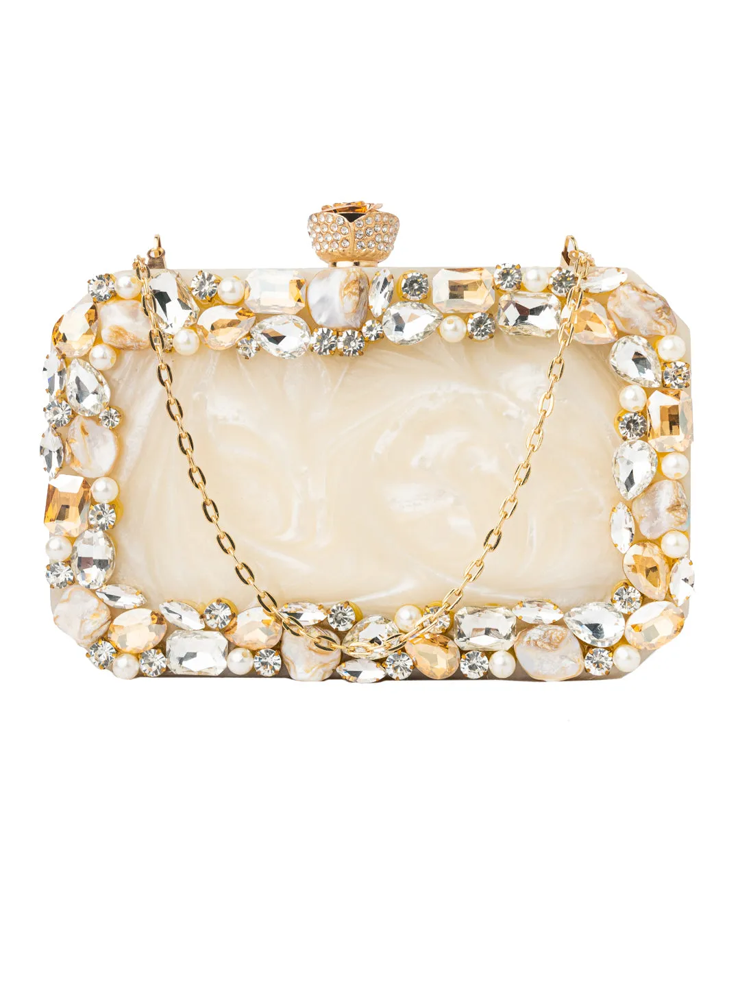 NR By Nidhi Rathi Beige Gold-Toned Embellished Box Clutch