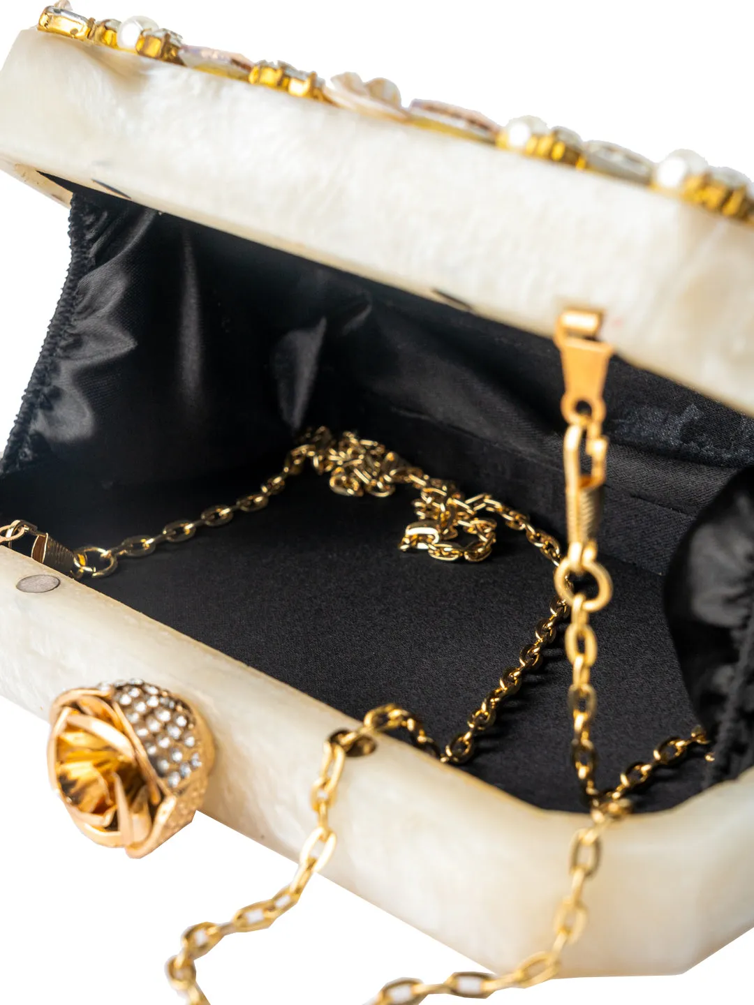 NR By Nidhi Rathi Beige Gold-Toned Embellished Box Clutch