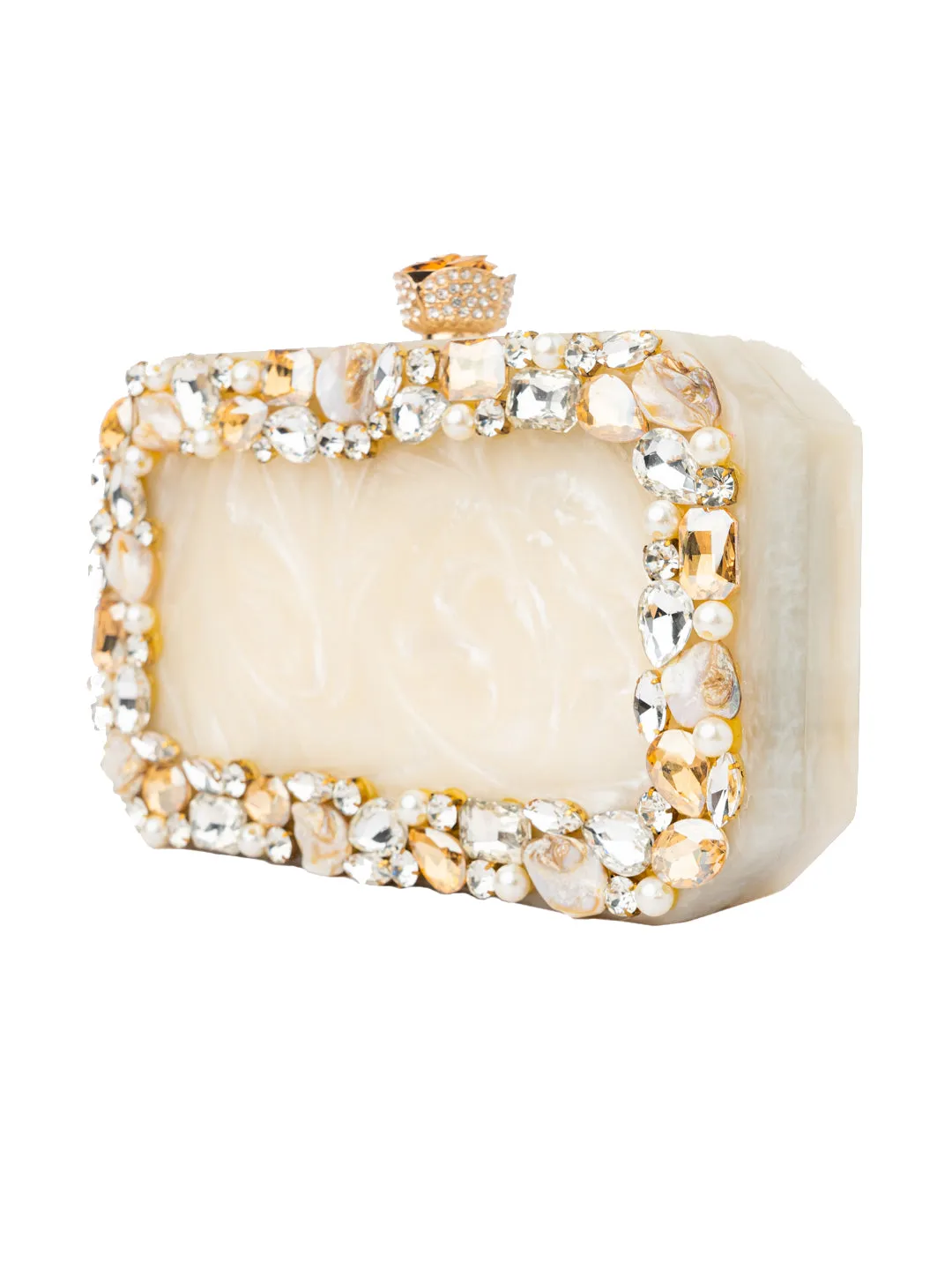 NR By Nidhi Rathi Beige Gold-Toned Embellished Box Clutch