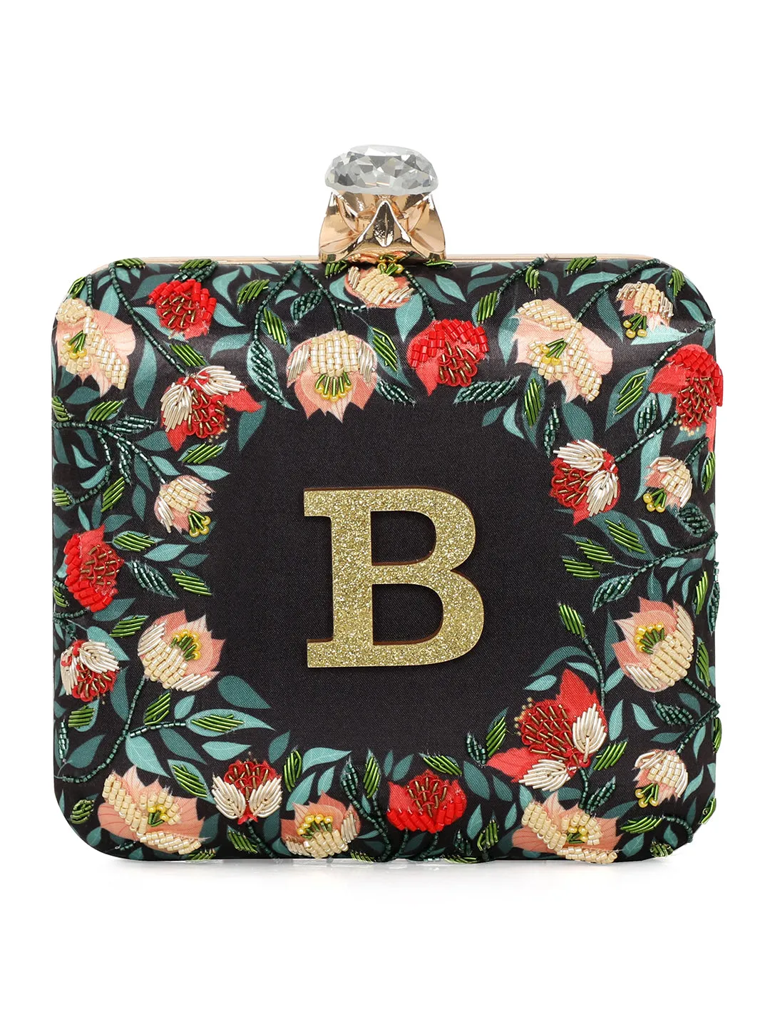 NR By Nidhi Rathi Black & Red Embellished Box Clutch